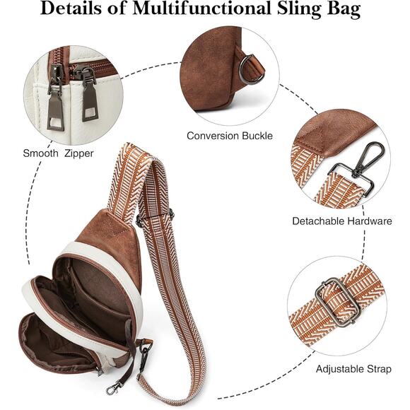 Vegan Leather Sling Crossbody Bag – White & Brown w/ Wide Strap (5-1b) - Picture 4 of 6